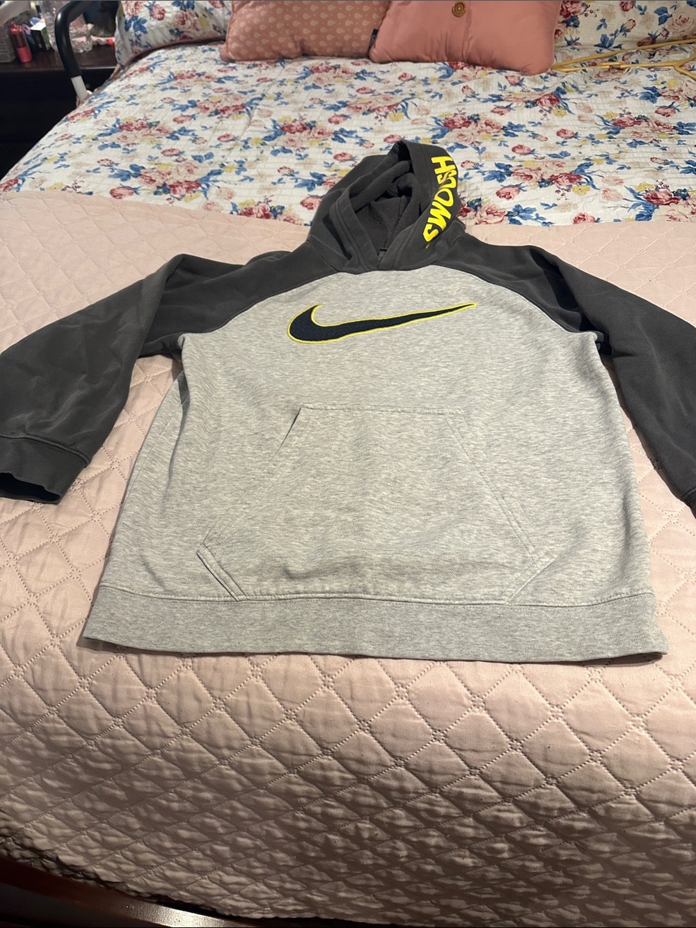 Nike Gray and greenish dark gray Hoodie with Yellow Swoosh Accent.